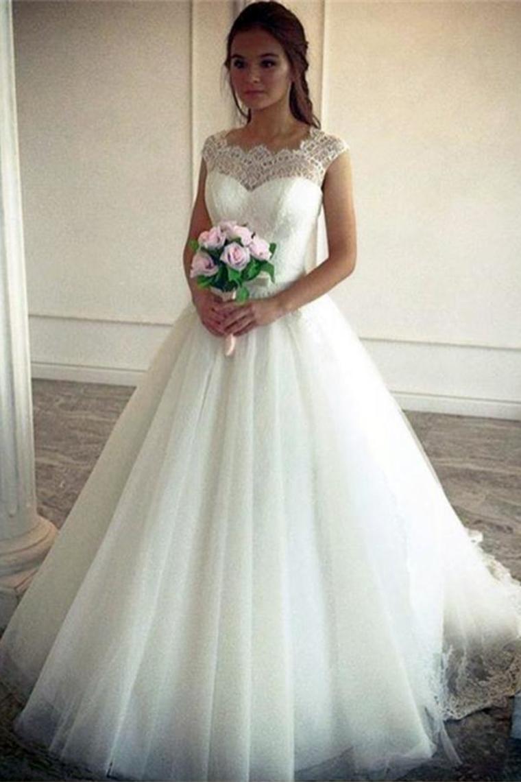 Elegant Ivory Lace Tulle Long Ball Gown Wedding Dresss Charming Bridal