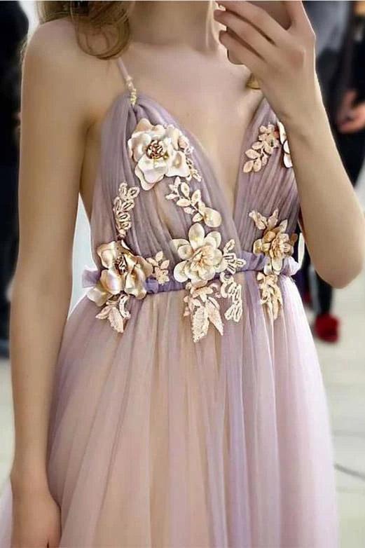 Elegant A Line Spaghetti Straps V Neck Prom Dress With Handmade Flowers, Bridesmaid Dress STC15577
