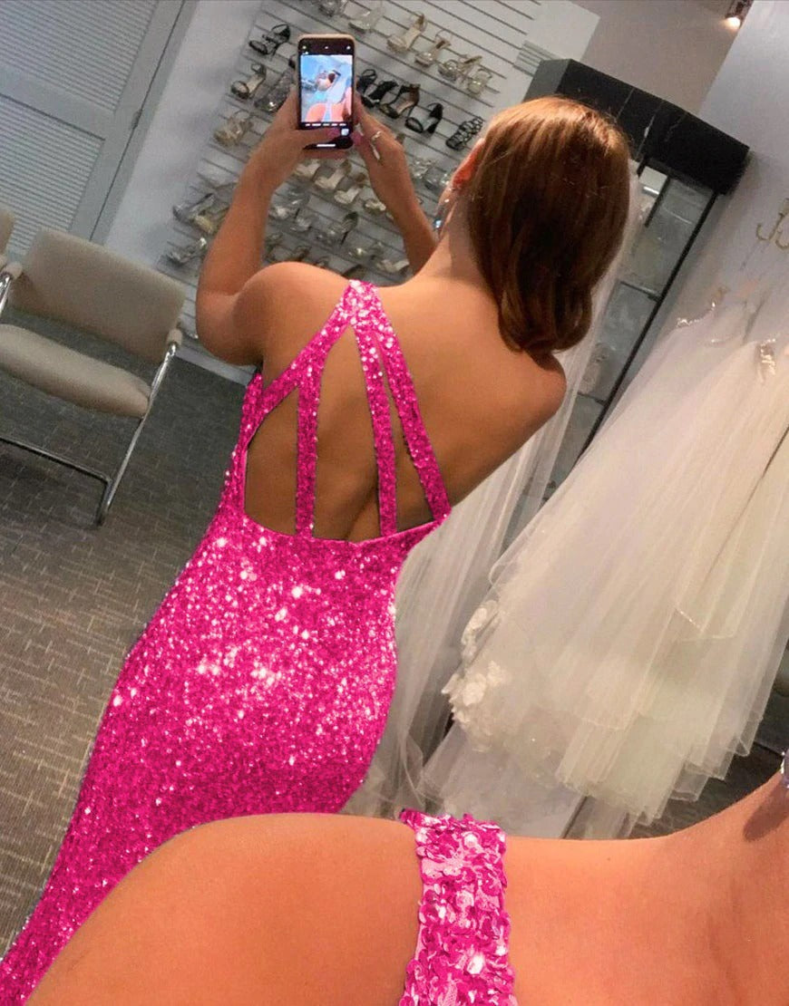 Sparkle Mermaid One Shoulder Sequins Open Back Prom Dresses