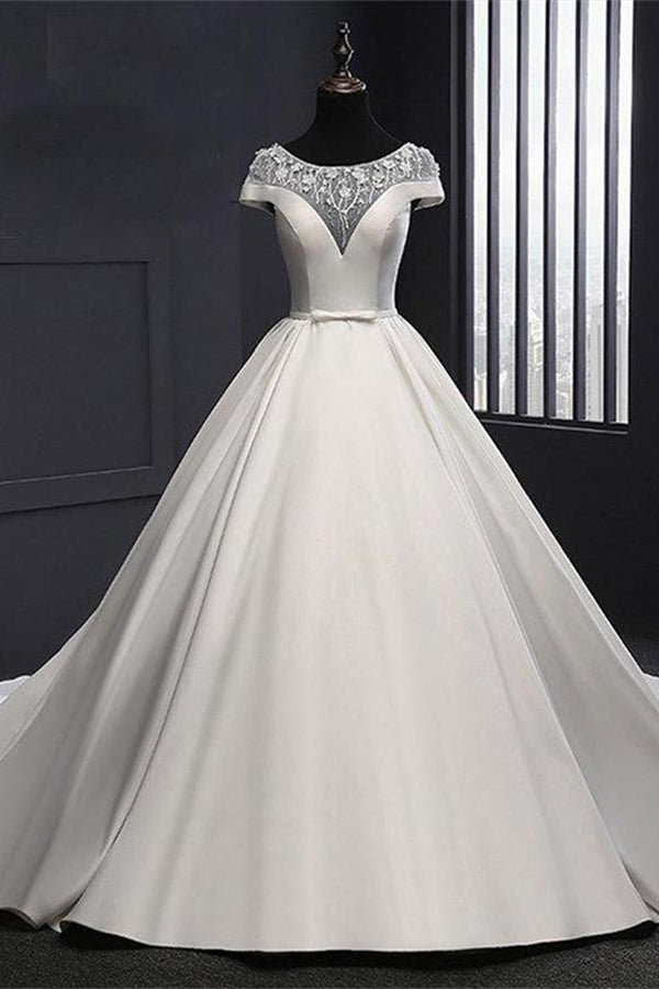 Chic Round Neck Lace Satin Short Sleeves Long Ball Gown Wedding Dresses
