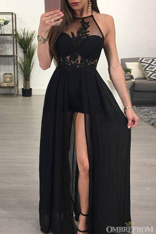 Chic Halter Black Lace Top Chiffon Prom Dresses with Split Side