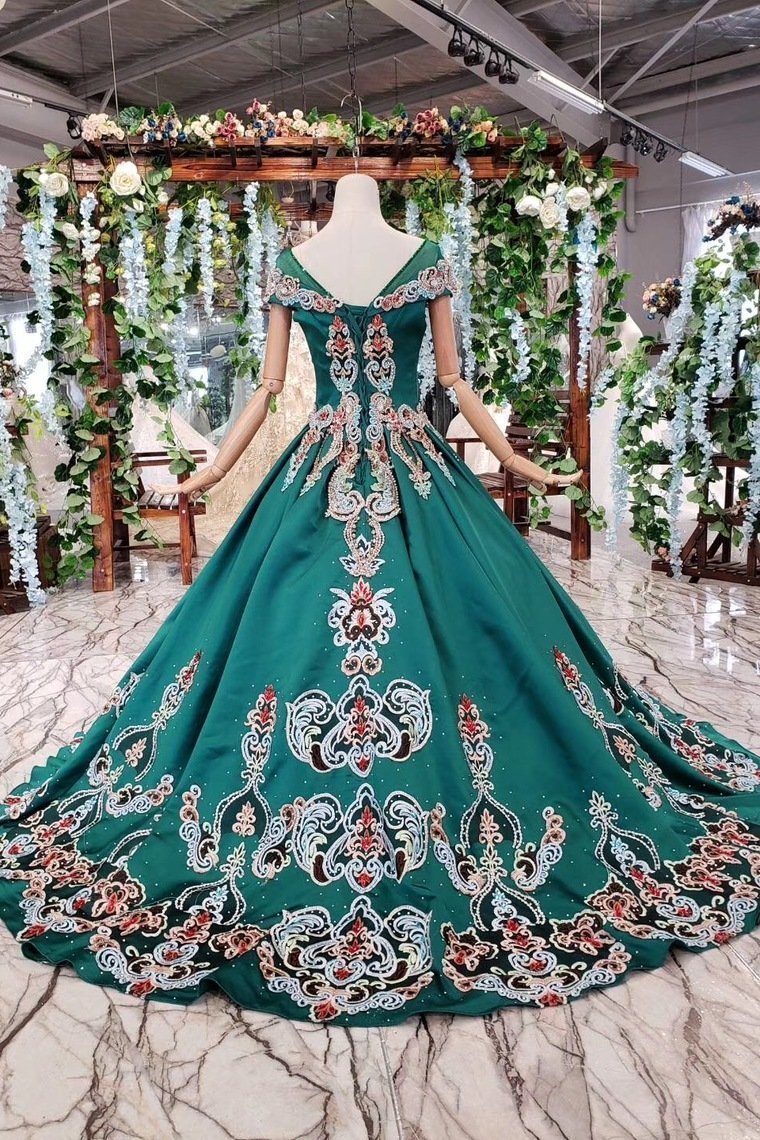 Simple Green Satin Short Sleeve Ball Gown Lace up with Applique Beads Prom Dresses