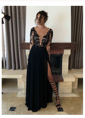 Sexy Black Long Sleeve Lace Slit V-Neck 2024  Prom Dress Evening Dresses