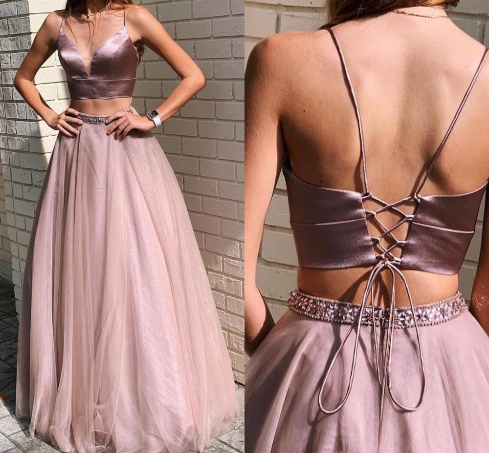 Pearl Pink A-Line Two Piece Sexy Beading Spaghetti Straps Tulle Prom Dresses