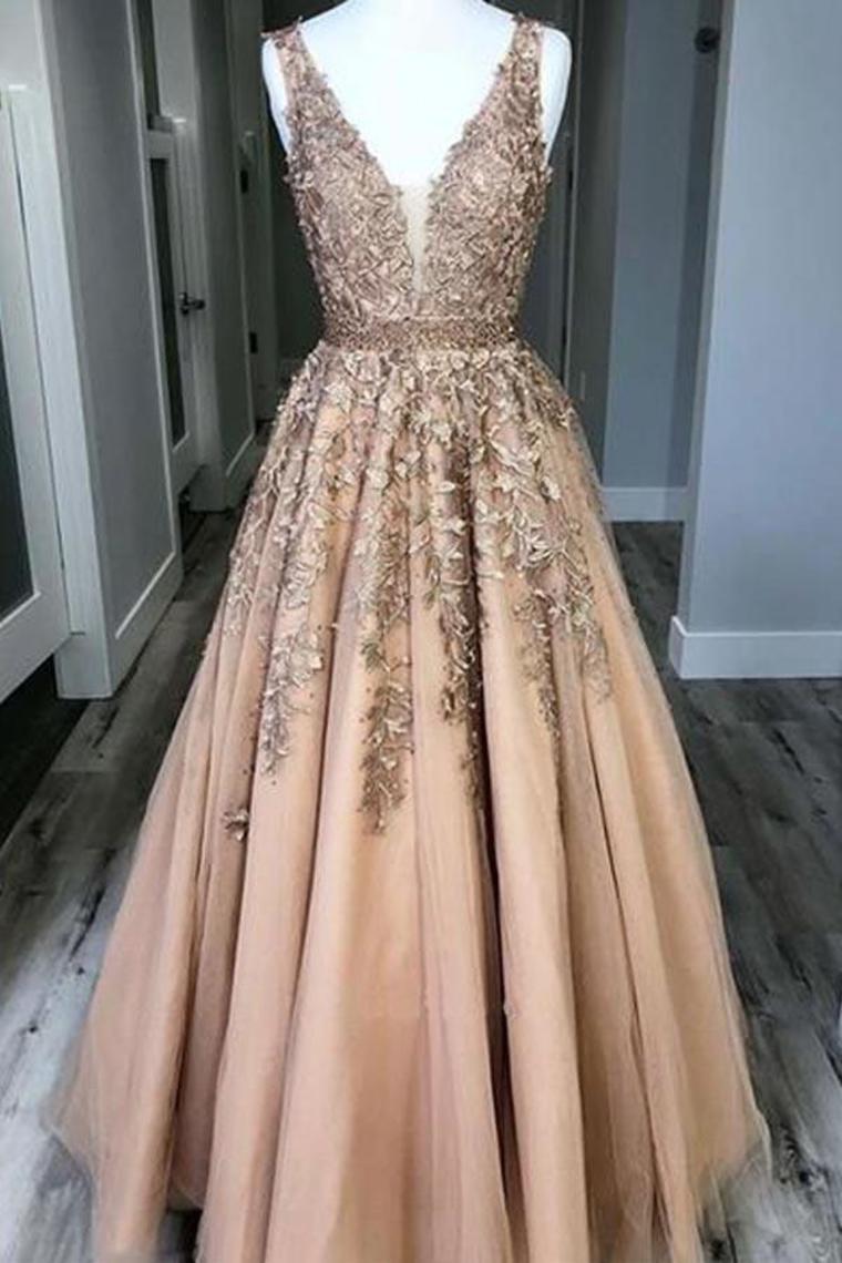 2021 Prom Dress Tulle A-Line V-Neck Sweep Train With
