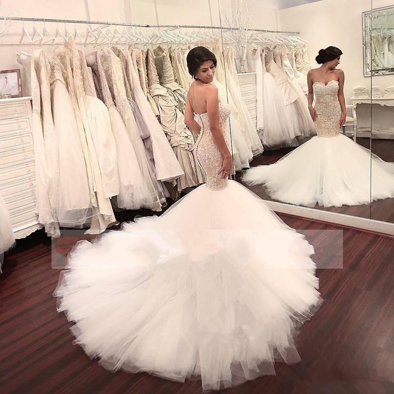 Stunning Mermaid Strapless Sweetheart Tulle Wedding Dresses with Appliques, Wedding Gowns STC15439