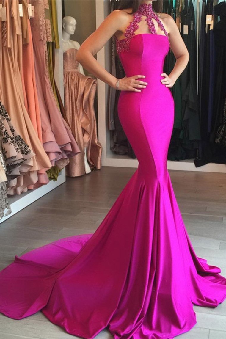 2024 New Arrival High Neck Satin With Applique Mermaid Sweep Train Prom