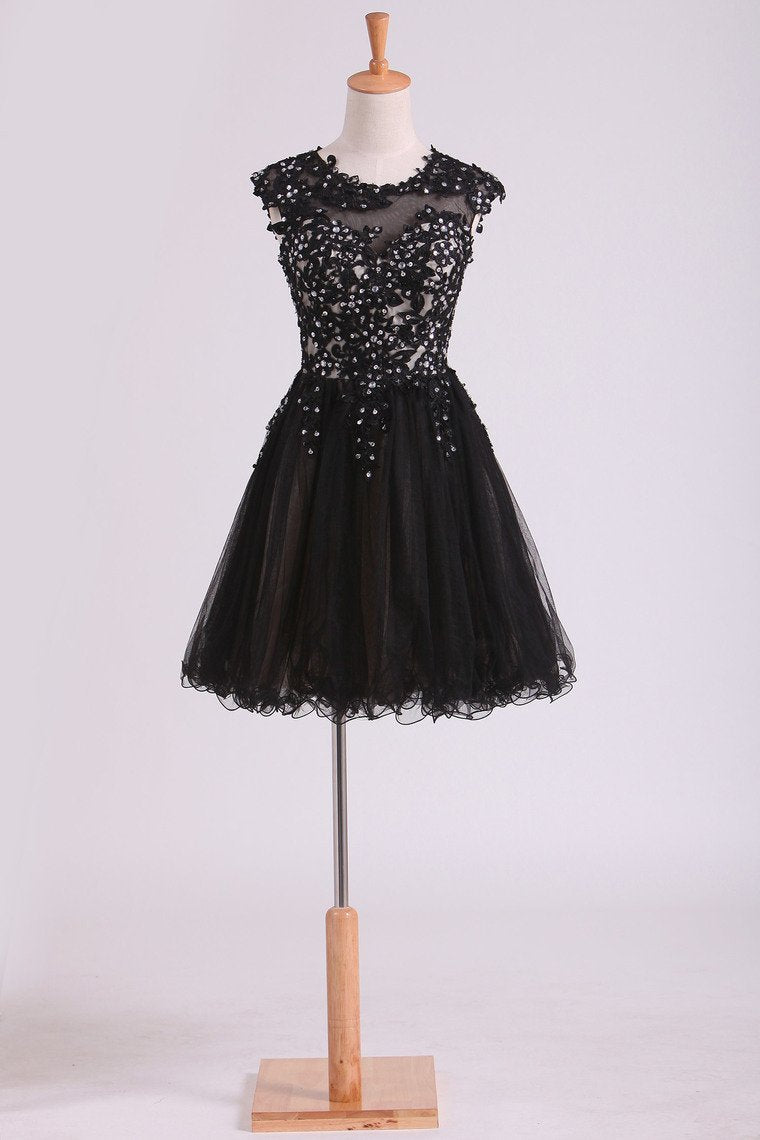 Black Scoop Short/Mini Homecoming Dresses A Line Tulle With Applique And Beading