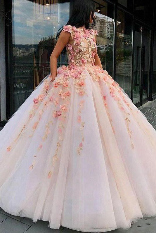 Princess Ball Gown Pink Tulle Prom Dresses with Handmade Flowers, Quinceanera STC15658