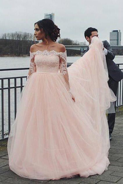 Off the Shoulder Long Sleeves Pink A-line Wedding Dresses, Blush Pink Tulle Bridal Dresses STC15270