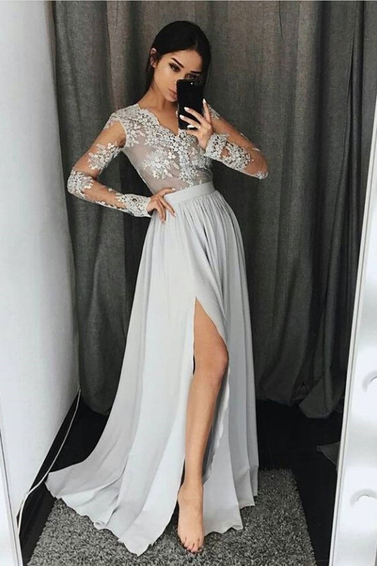 2024 V Neck Long Sleeves Prom Dresses A Line With Applique And
