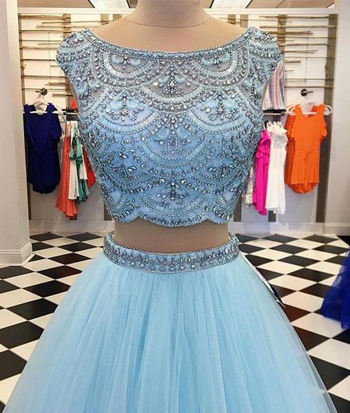 Chic Two Pieces Blue Beaded Tulle Sleeveless Long Prom Dresses