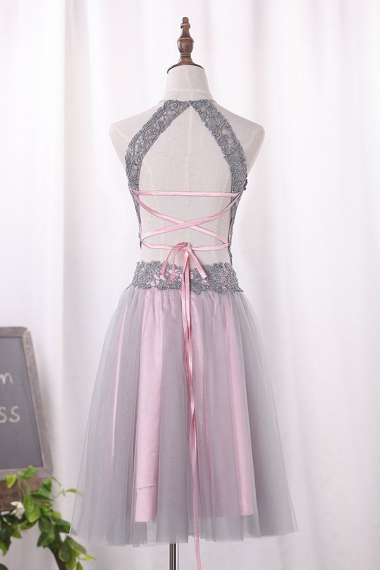 Two Pieces Halter Homecoming Dresses A Line Tulle Short/Mini Lace