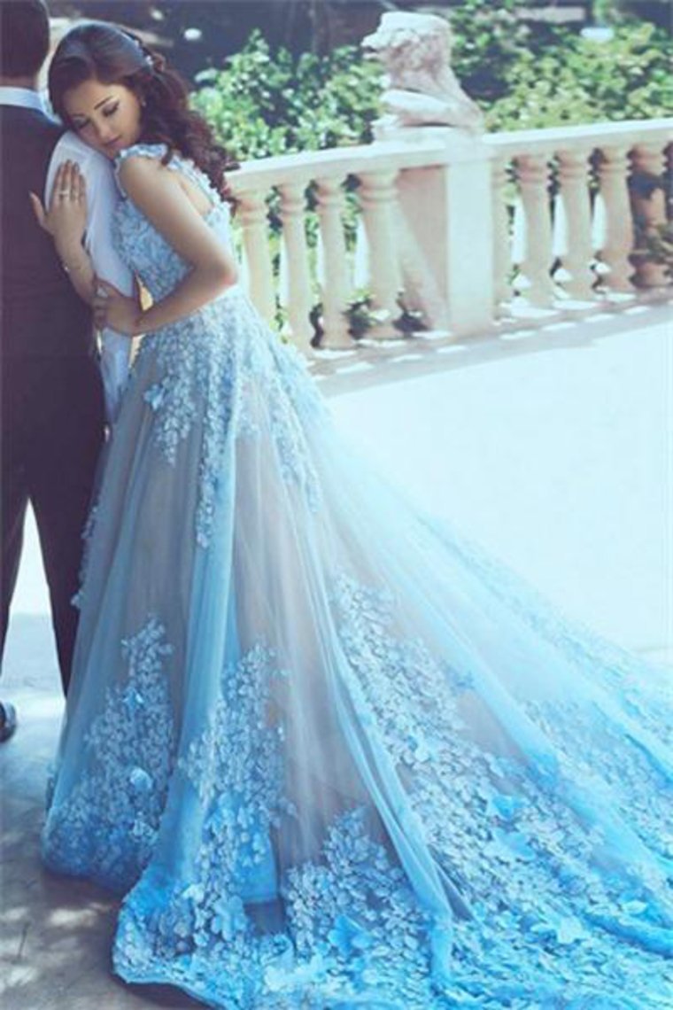 Charming Long Gorgeous Blue Lace Applique Prom Dresses Evening