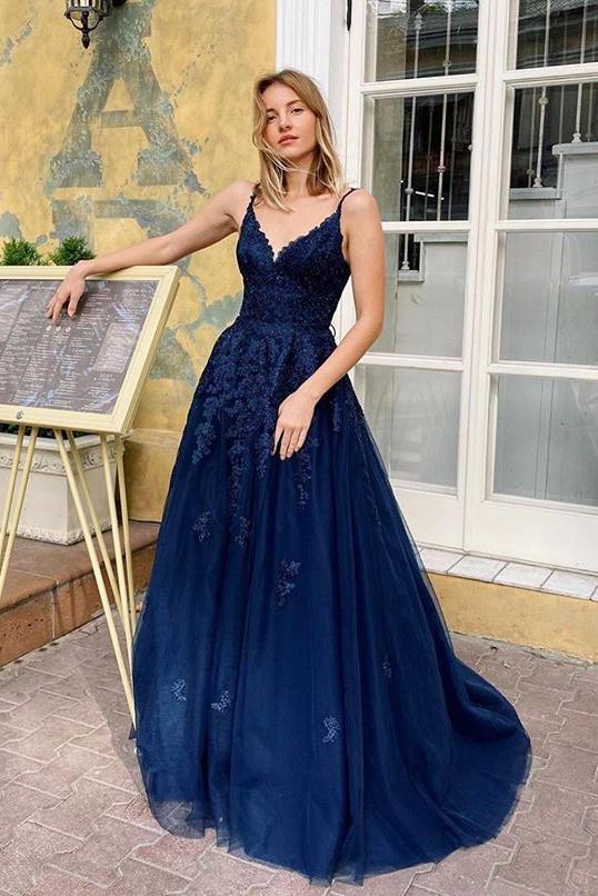 Elegant Blue V Neck Lace Long Prom Dresses Spaghetti Straps Evening STC20485