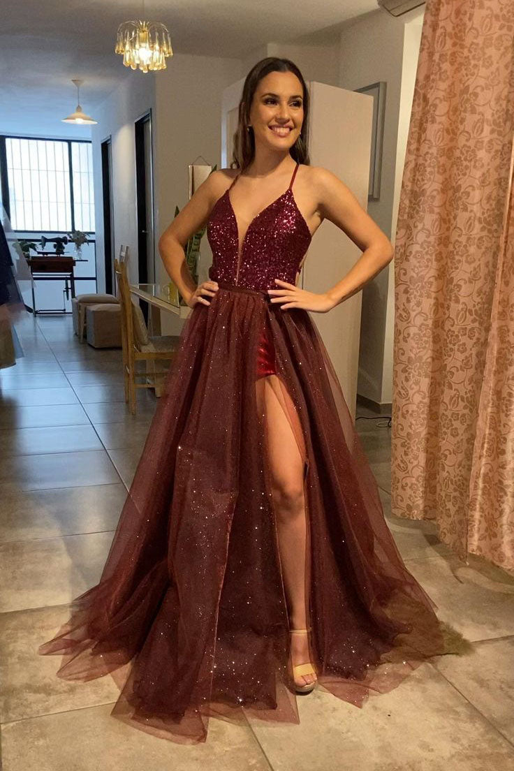 Spaghetti Straps A Line Burgundy Tulle Long Prom Dresses With Slit