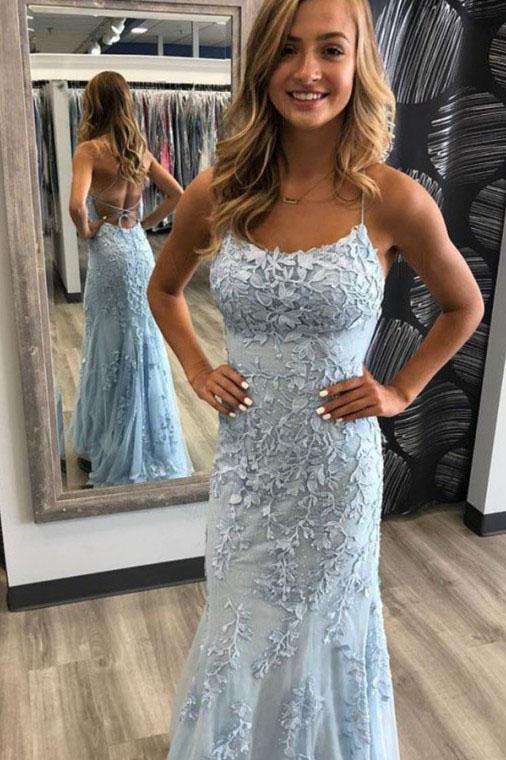 Mermaid Spaghetti Straps Light Blue Prom Dress with Appliques, Evening Dresses STC15266