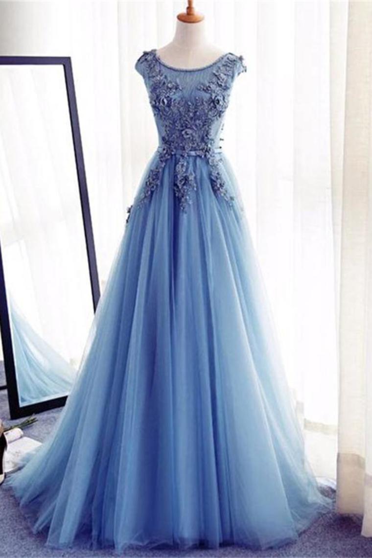 Charming Blue Long Lace Tulle Open Back Lace Up Princess Prom