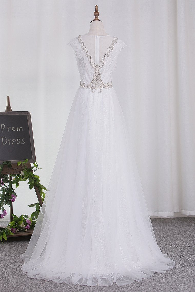 Wedding Dresses Tulle Scoop A Line With Applique And Beads Sweep