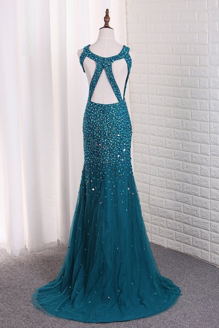 Straps Mermaid Prom Dresses Tulle With Beads And Slit