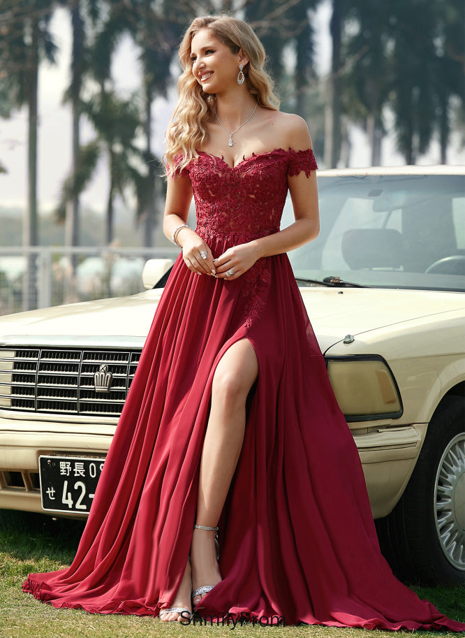 Chiffon With Prom Dresses Kay Off-the-Shoulder Train A-Line Lace Sequins Sweep
