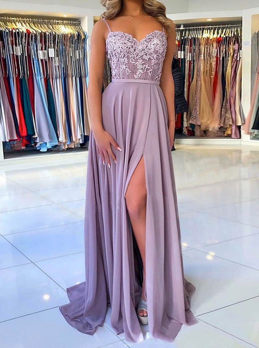 Elegant Sleeveless A Line Chiffon Lace Long Prom Dresses