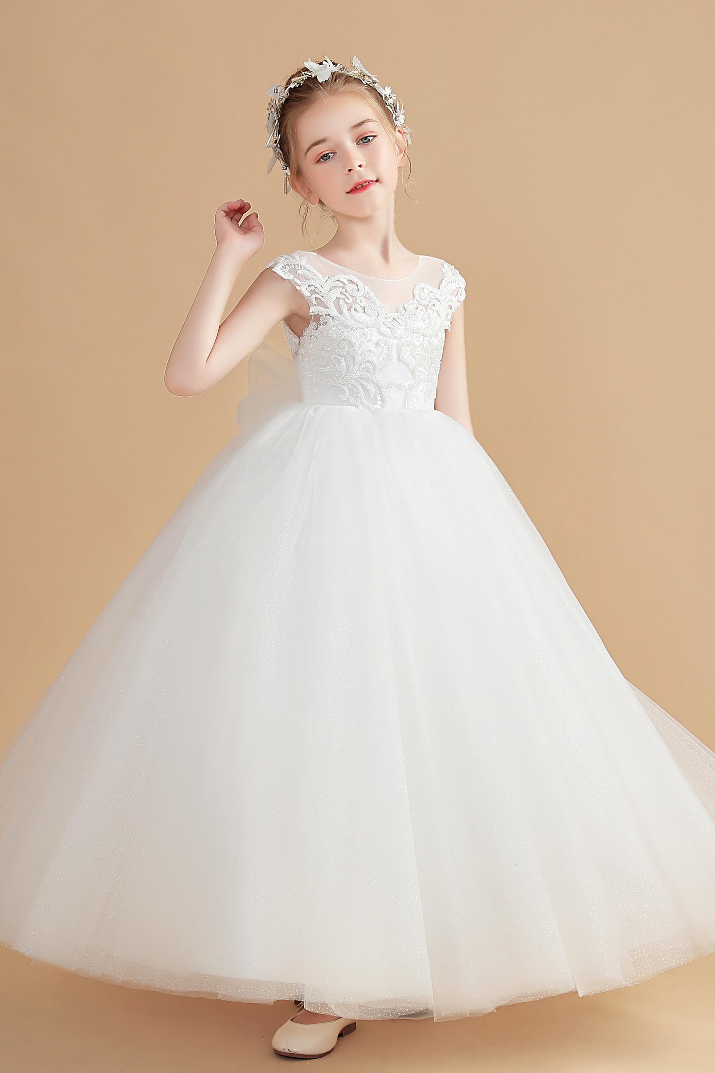 Cap Sleeves Ivory Tulle Flower Girl Dresses With Bow-Knot