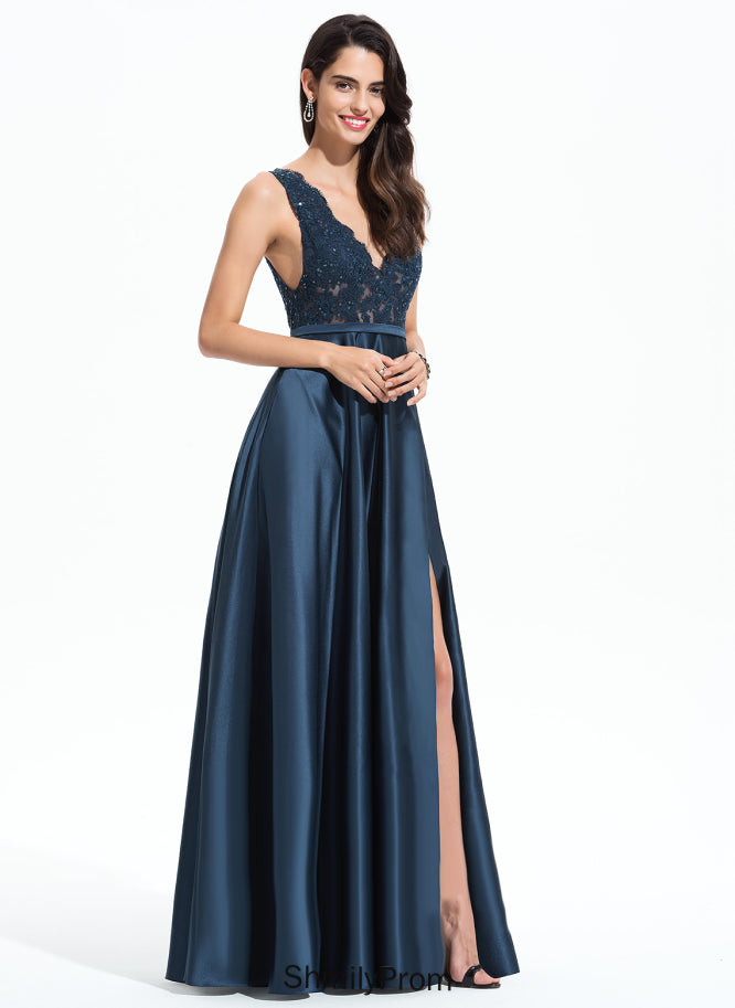 Sequins Reese A-Line Satin Prom Dresses With V-neck Floor-Length
