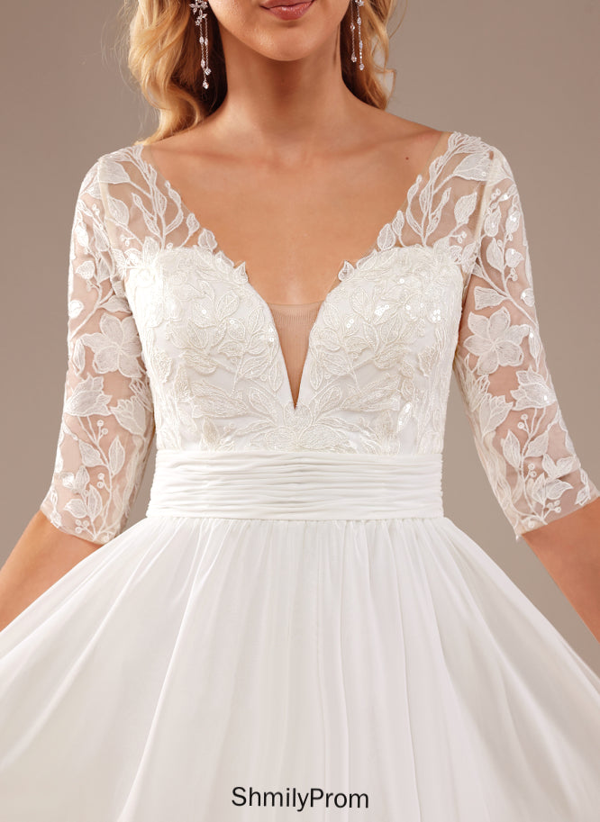 Wedding Lace Chiffon V-neck Wedding Dresses Dress Floor-Length Ruffle Sequins A-Line Sabrina With