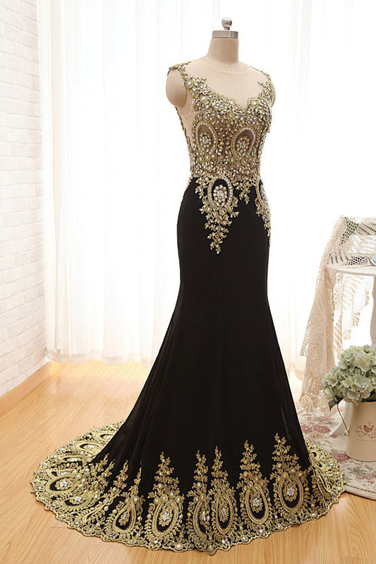 Black Trumpet Sweep Train Sheer Neck Sleeveless Peacock Embroidered Beading Prom Dresses