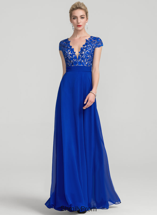 A-Line Floor-Length Lace Chiffon Ruffle V-neck With Giselle Prom Dresses