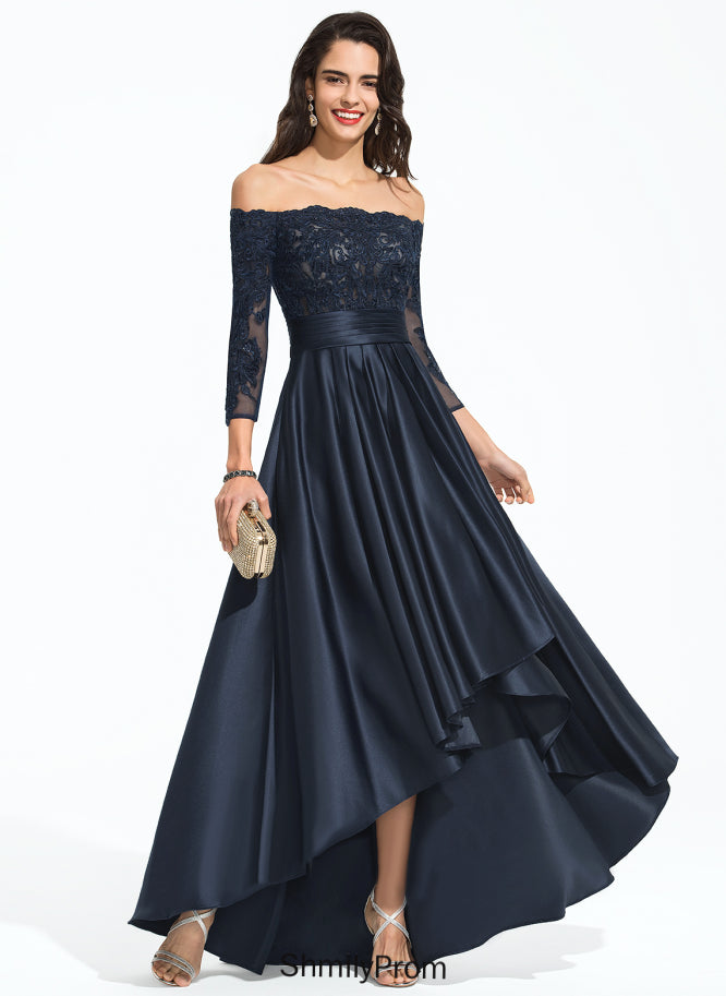 Off-the-Shoulder Satin Lace Prom Dresses Saniya Asymmetrical Sequins A-Line Ruffles Cascading With