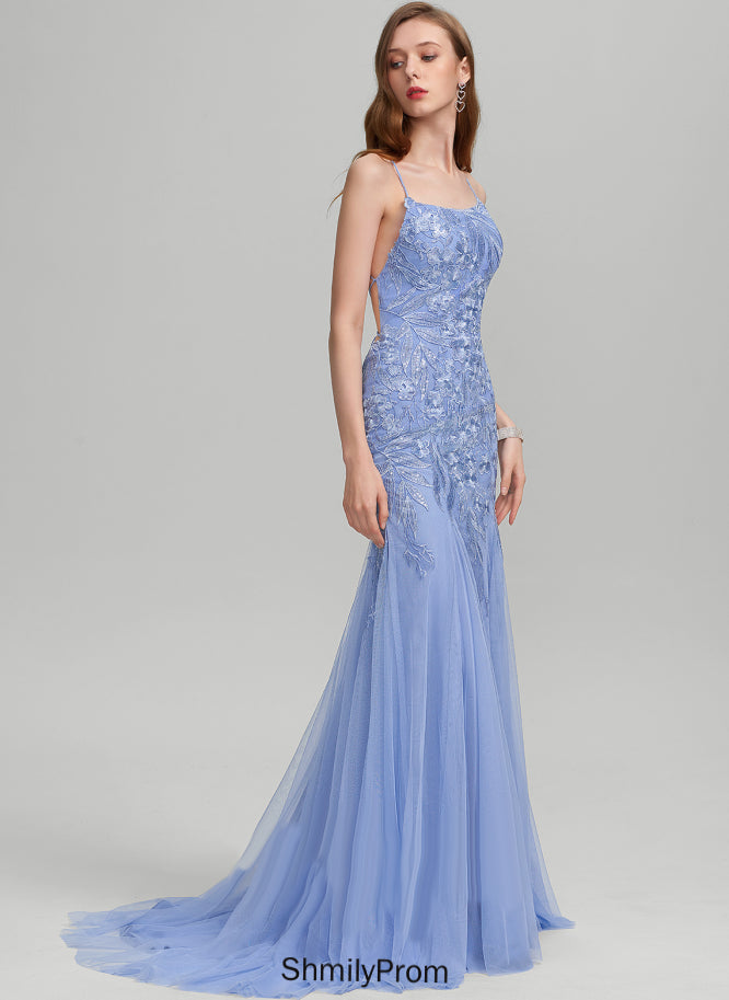 Sequins Prom Dresses With Lace Anahi Sweep Train Trumpet/Mermaid Square Tulle
