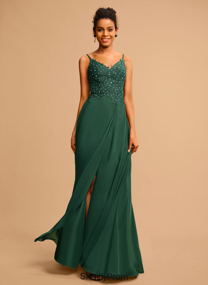 Beading Chiffon V-neck Sequins Minnie Floor-Length Lace Prom Dresses A-Line With