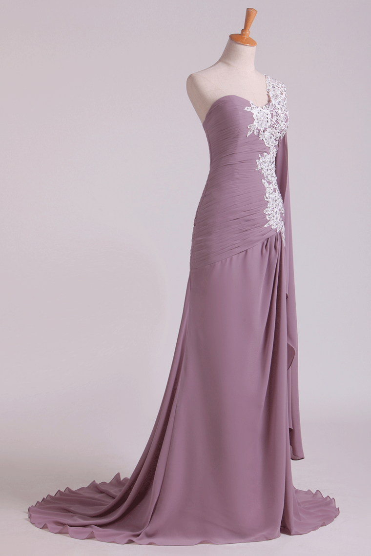 One Shoulder Pleated Bodice Prom Dress With Beaded Applique Sweep Train