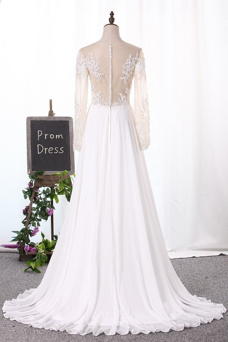 2024 Bateau Wedding Dresses Long Sleeves A Line Chiffon With Applique And