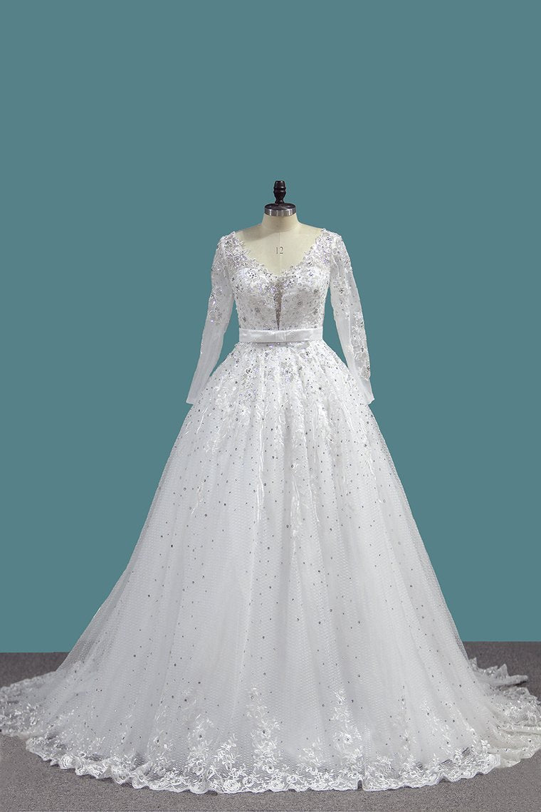 2024 A Line Long Sleeves Tulle Wedding Dresses With Applique And