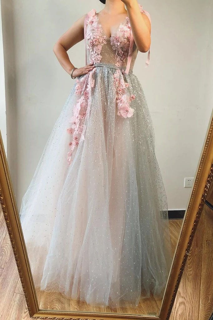 A line V neck Beads Pink Long Tulle Prom Dresses With Floral, Formal Dresses STC15038