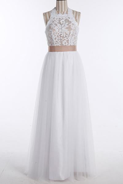 Simple A-Line White Open Back Jewel Sleeveless Floor-Length Lace Top Halter Wedding Dress