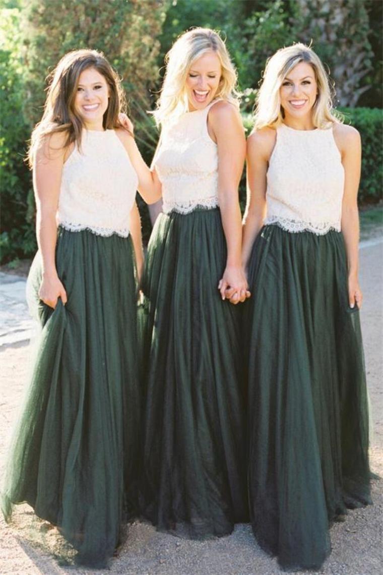 2 Pieces Ivory And Green Long Lace Tulle Beautiful Simple Bridesmaid