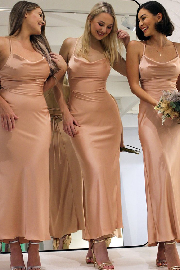 Alondra Spaghetti Straps Chiffon Sheath/Column Natural Waist Sleeveless Bridesmaid Dresses
