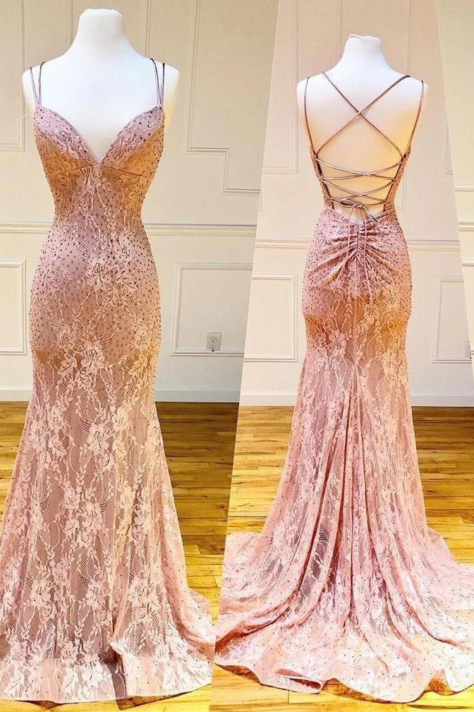 Mermaid Spaghetti Straps Pink Lace V Neck Beads Prom Dresses with STC20426