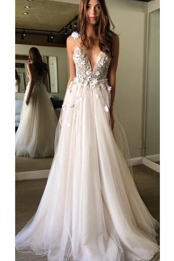 Spaghetti Straps Deep V Neck Backless Tulle Prom Dress with Flowers, Beach Wedding Gowns STC15413