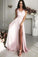 V-Neck Front Split Long Simple Cheap Elegant Pink Prom Dresses Party