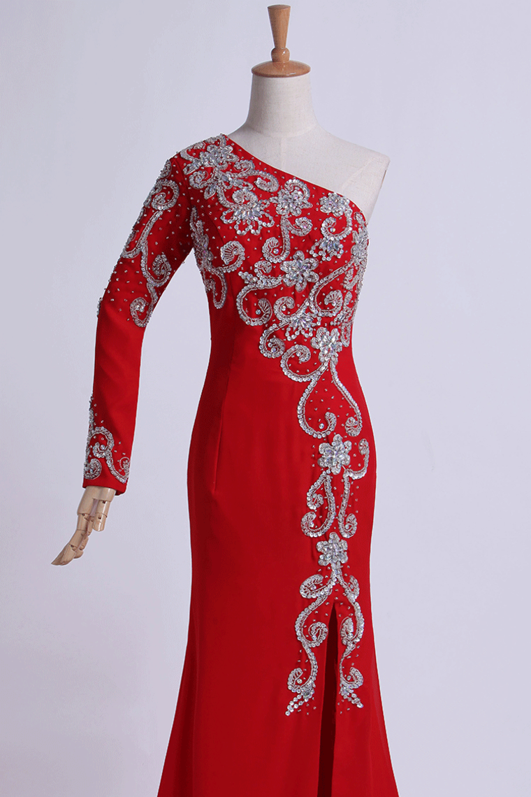 2024 Long Dress One Sleeve Beaded Bodice Sheath/Column With Chiffon Skirt