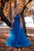 Blue One Shoulder Tulle Lace A Line Prom Dresses