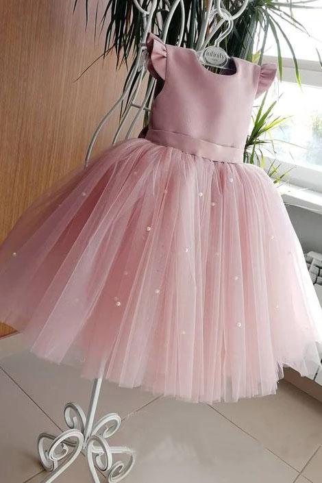 Lovely Pretty Pink Round Neck Tulle Flower Girl Dresses, Cheap Wedding Little Girl STC15258