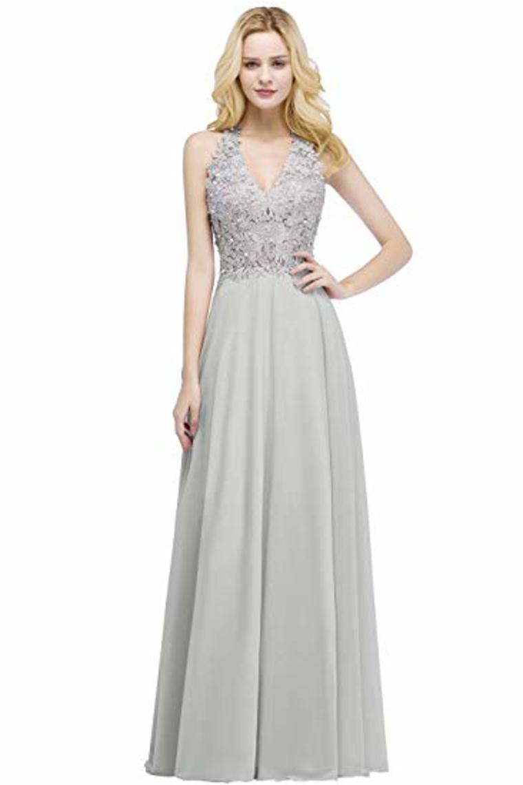 Lace Chiffon Prom Dresses Beading Applique A Line V Neck Evening