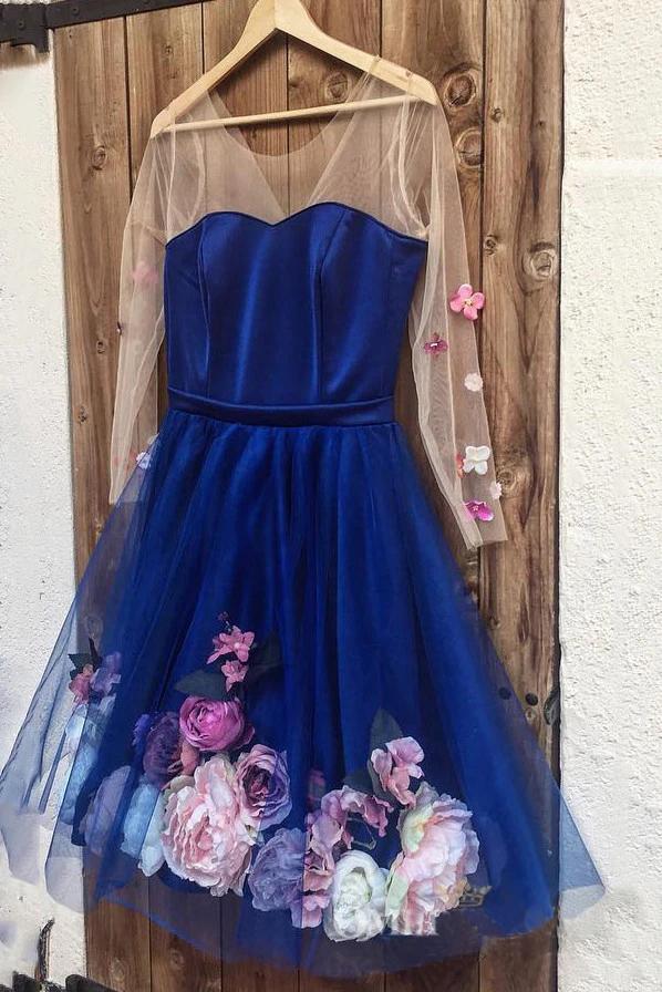 Unique Long Sleeve Blue Short Prom Dresses With 3D Appliques, Homecoming Dress STC15604