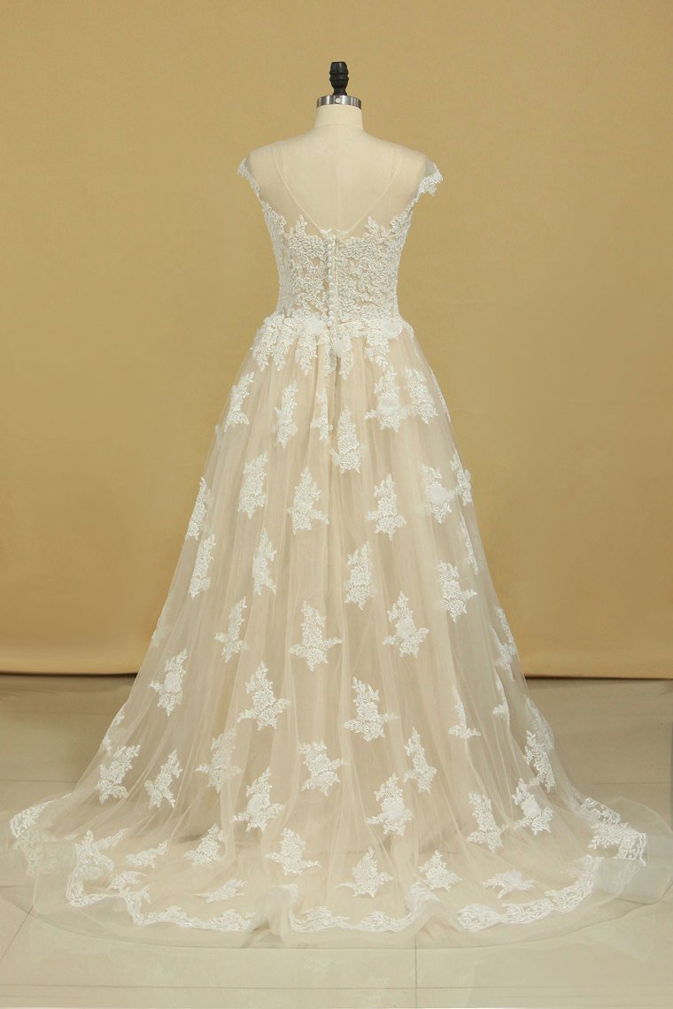 Court Train Scoop  A Line Wedding Dresses Tulle With Applique
